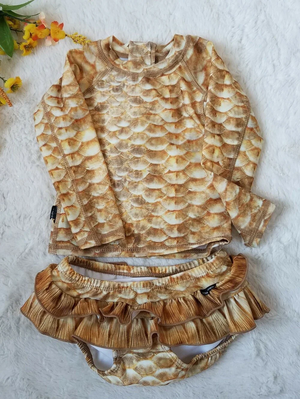 Molo Swim Neena Gold Fishshell UV Rash Guard Ruffled Baby Swim Set